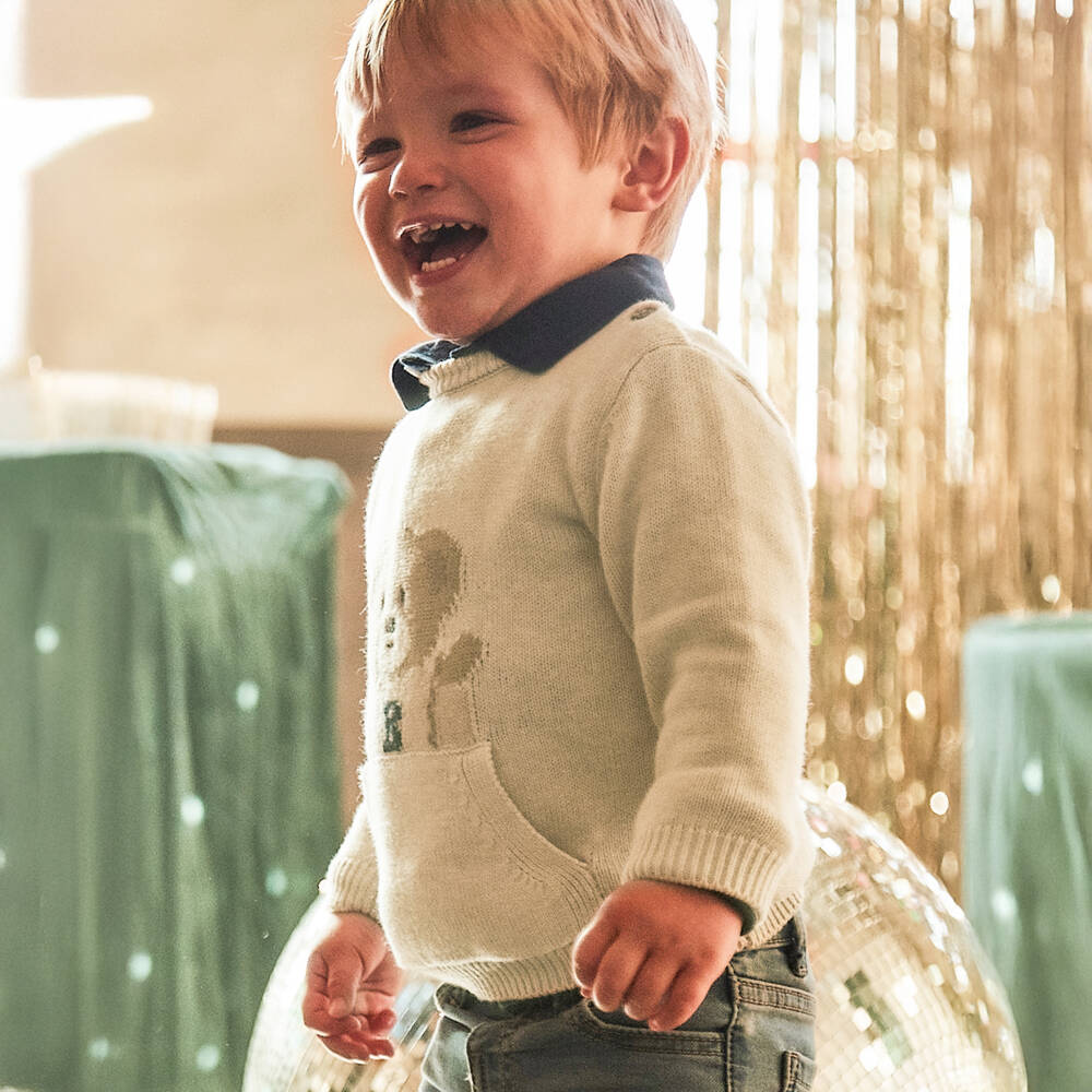 Mayoral-Boys Beige Cotton & Wool Bear Sweater with Pouch Pocket | Childrensalon Outlet