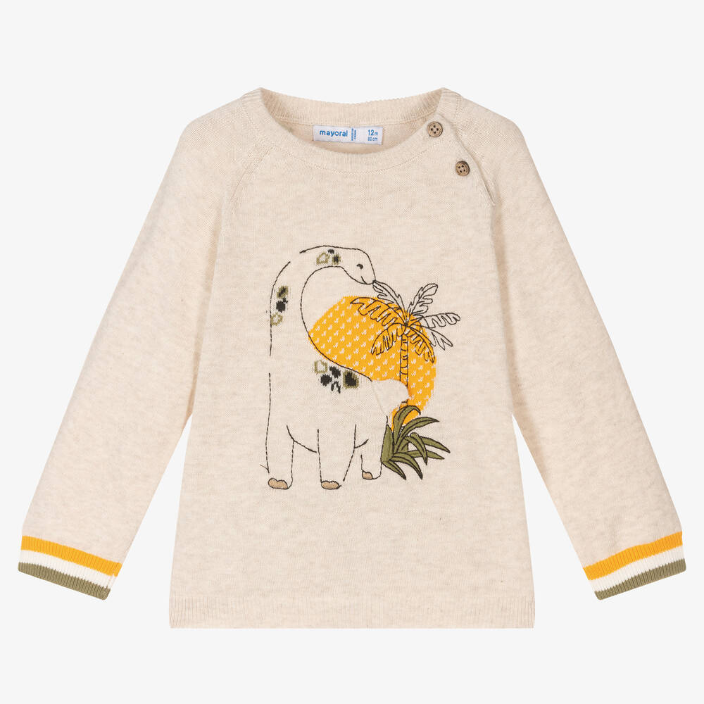 Mayoral - Boys Beige Dinosaur Cotton Sweater | Childrensalon