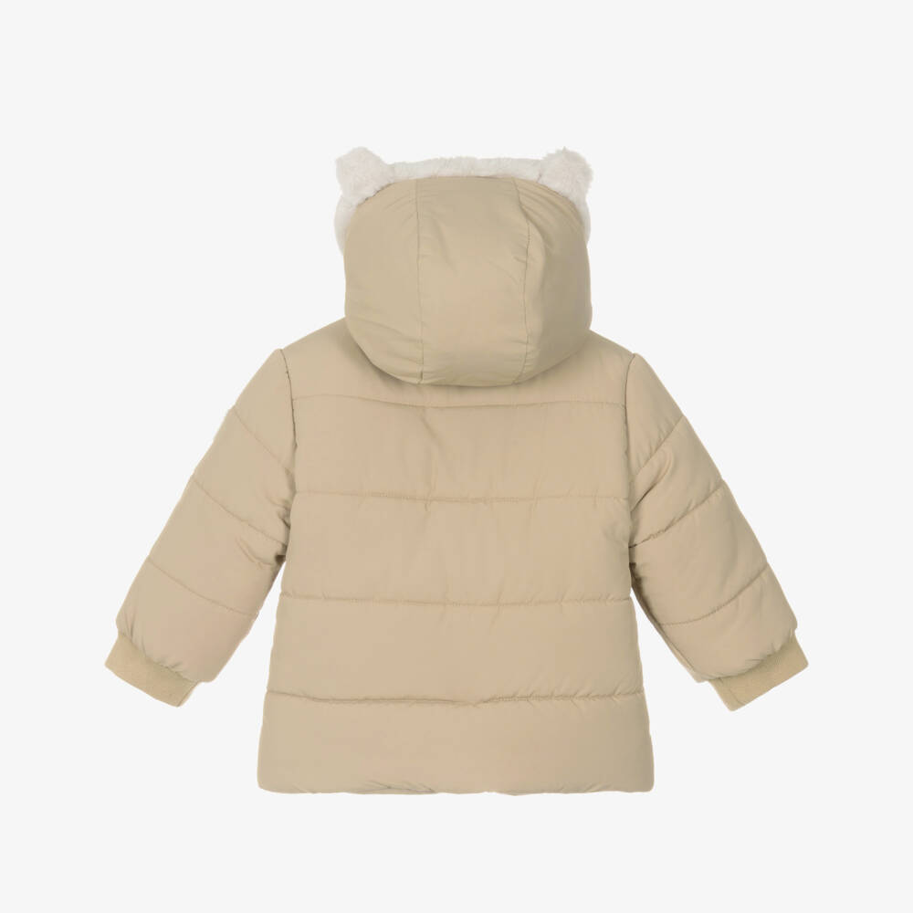 Mayoral-Boys Beige Hooded Puffer Coat with Faux Fur 3D Ears | Childrensalon Outlet