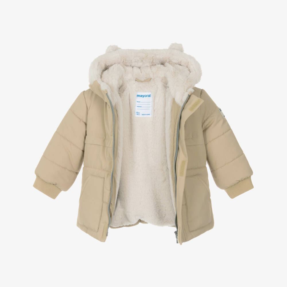 Mayoral-Boys Beige Hooded Puffer Coat with Faux Fur 3D Ears | Childrensalon Outlet