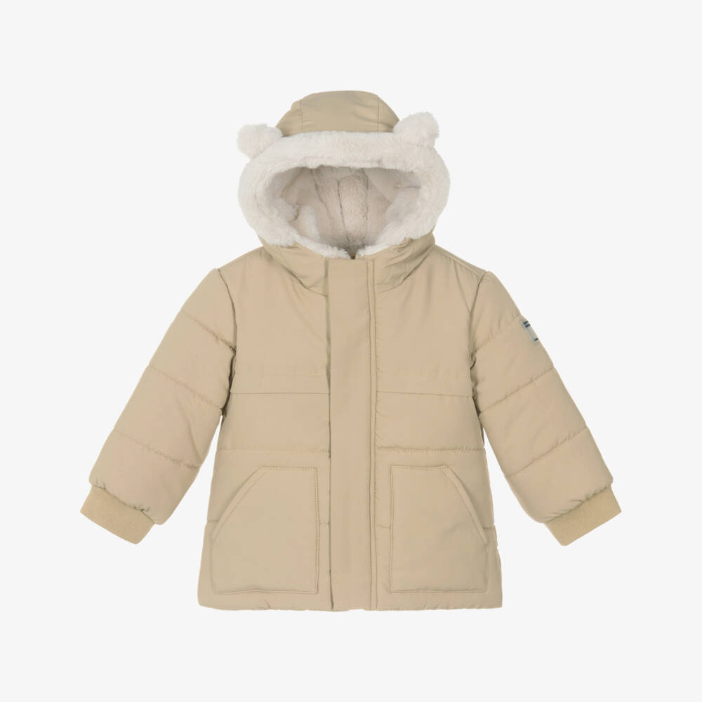 Mayoral-Boys Beige Hooded Puffer Coat with Faux Fur 3D Ears | Childrensalon Outlet