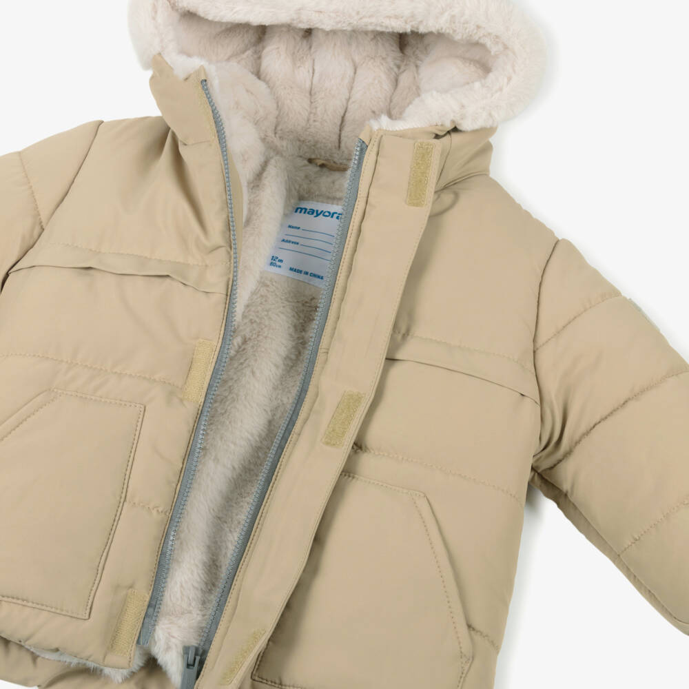 Mayoral-Boys Beige Hooded Puffer Coat with Faux Fur 3D Ears | Childrensalon Outlet