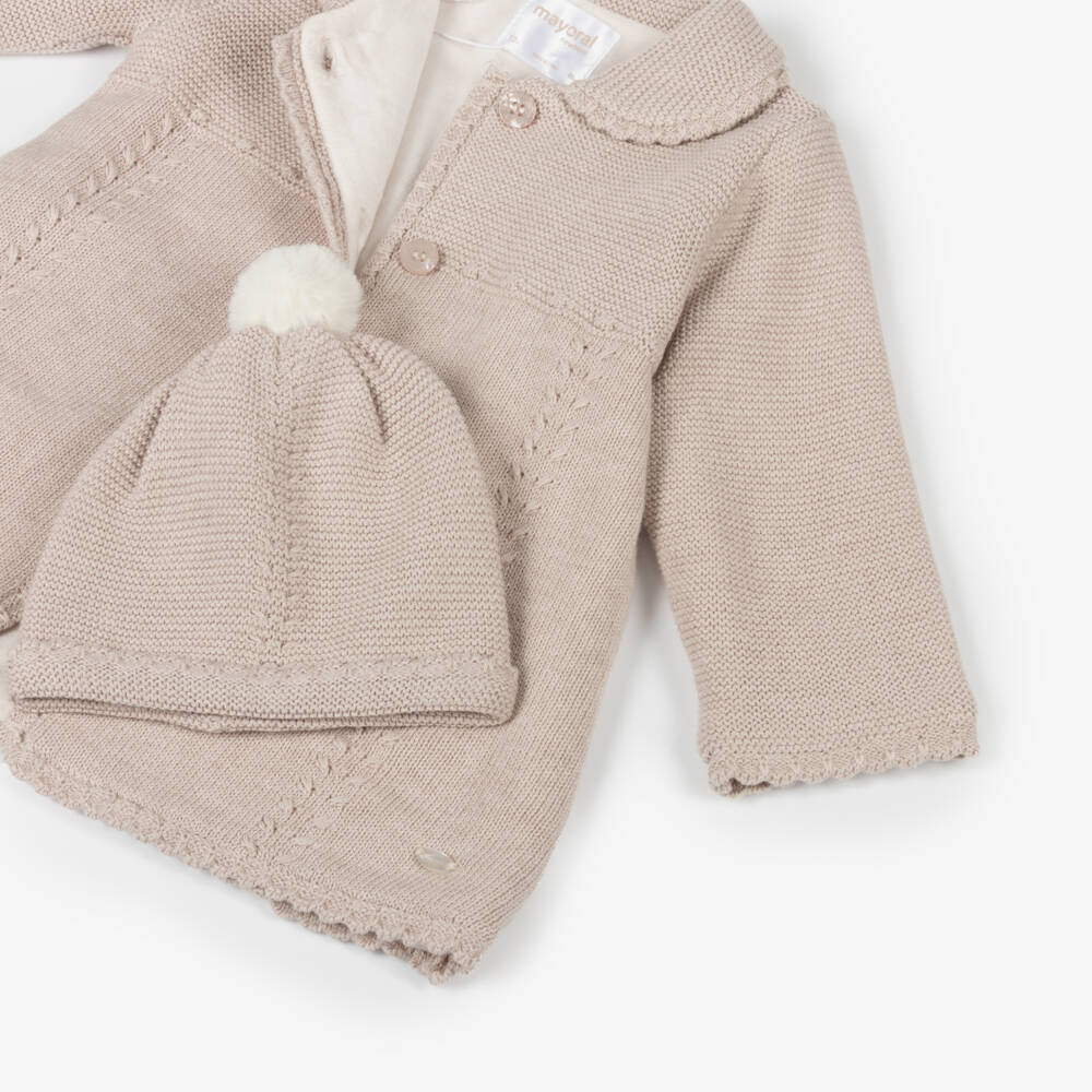 Mayoral Newborn-Boys Beige Knit Coat and Hat Set | Childrensalon Outlet