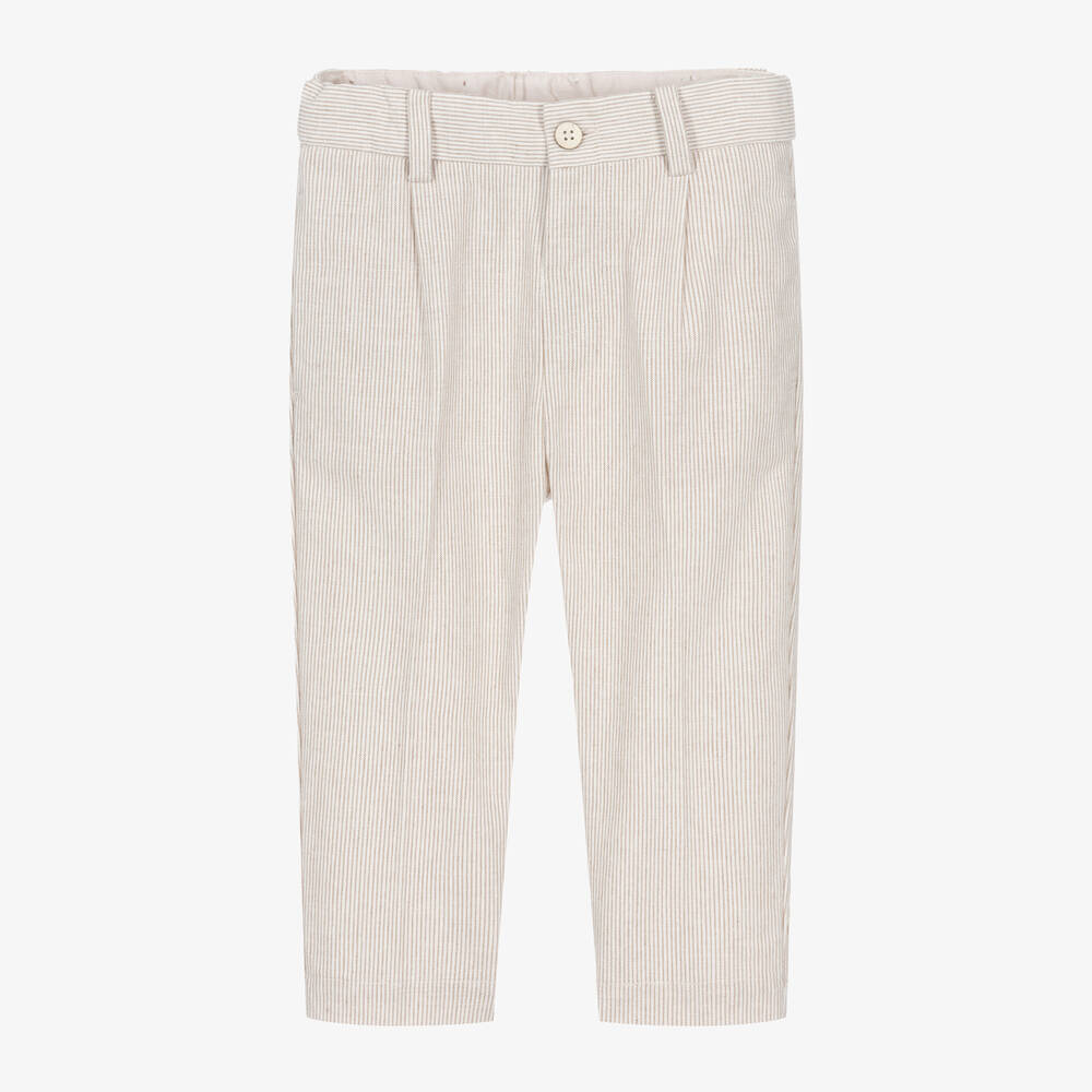 Mayoral-Boys Beige Striped Cotton & Linen Trousers | Childrensalon Outlet