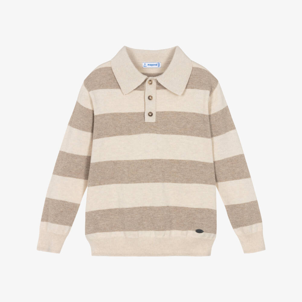 Mayoral-Boys Beige Striped Cotton & Wool Knitted Polo Shirt | Childrensalon Outlet