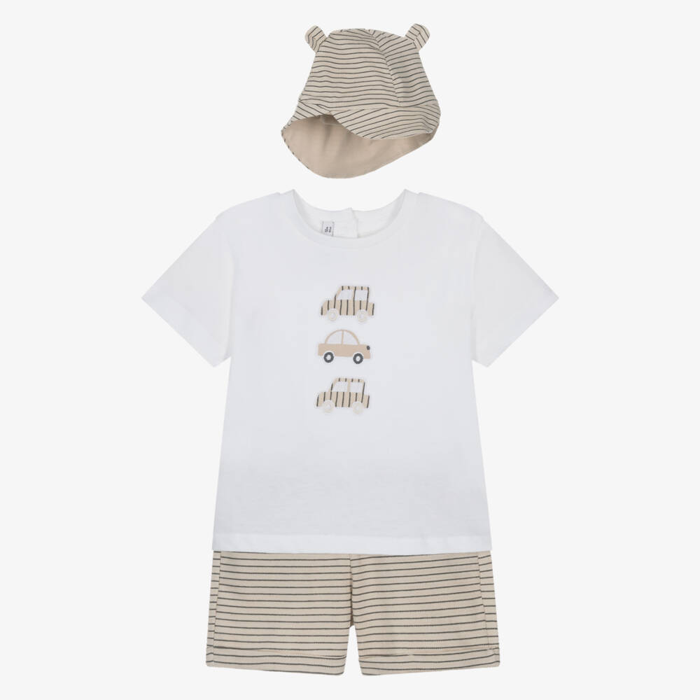 Mayoral-Boys Beige & White Car Motif Set | Childrensalon Outlet