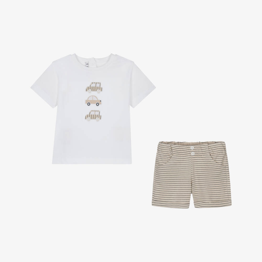 Mayoral-Boys Beige & White Car Motif Set | Childrensalon Outlet
