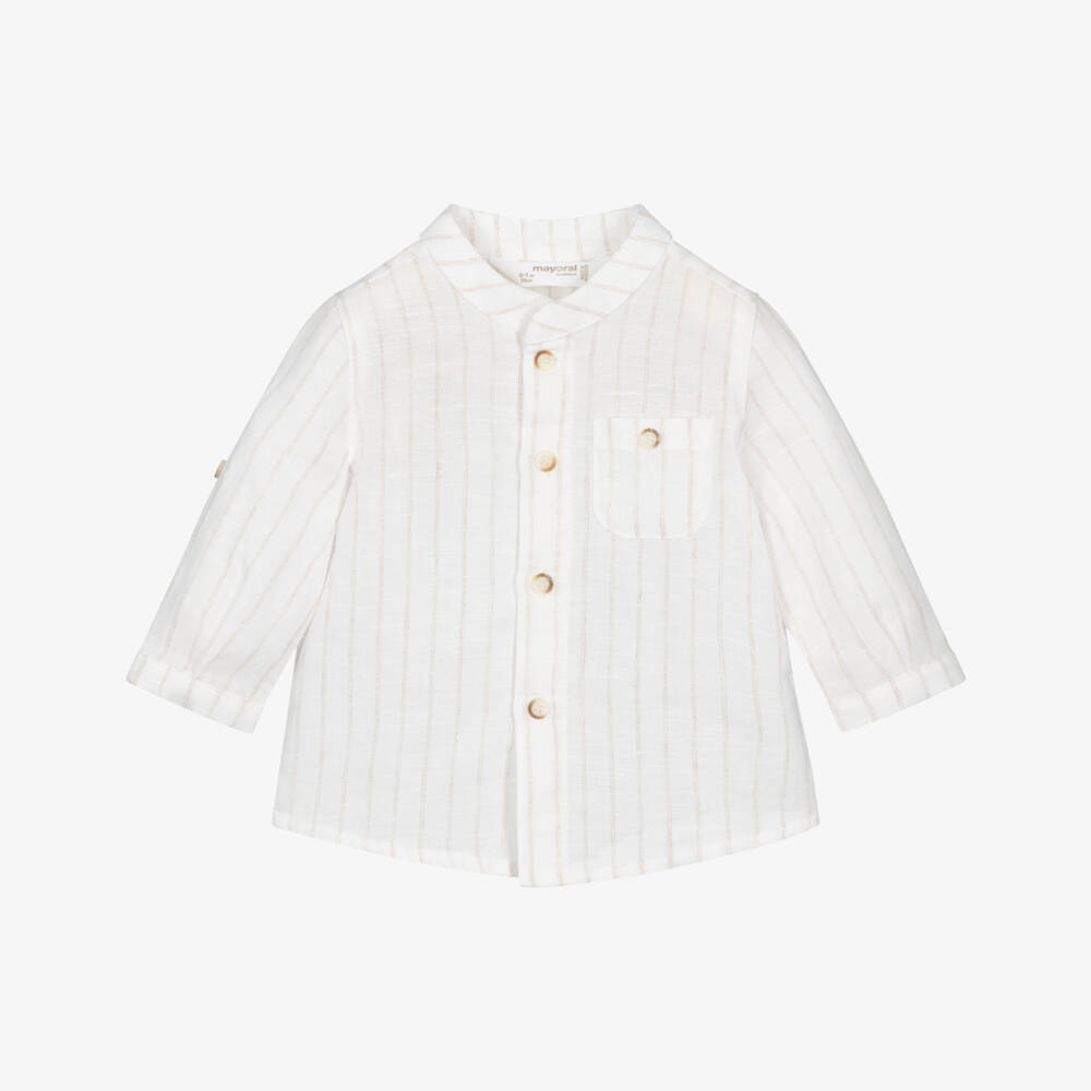 Mayoral Newborn-قميص أولاد بيج وأبيض من القطن والكتان | Childrensalon Outlet