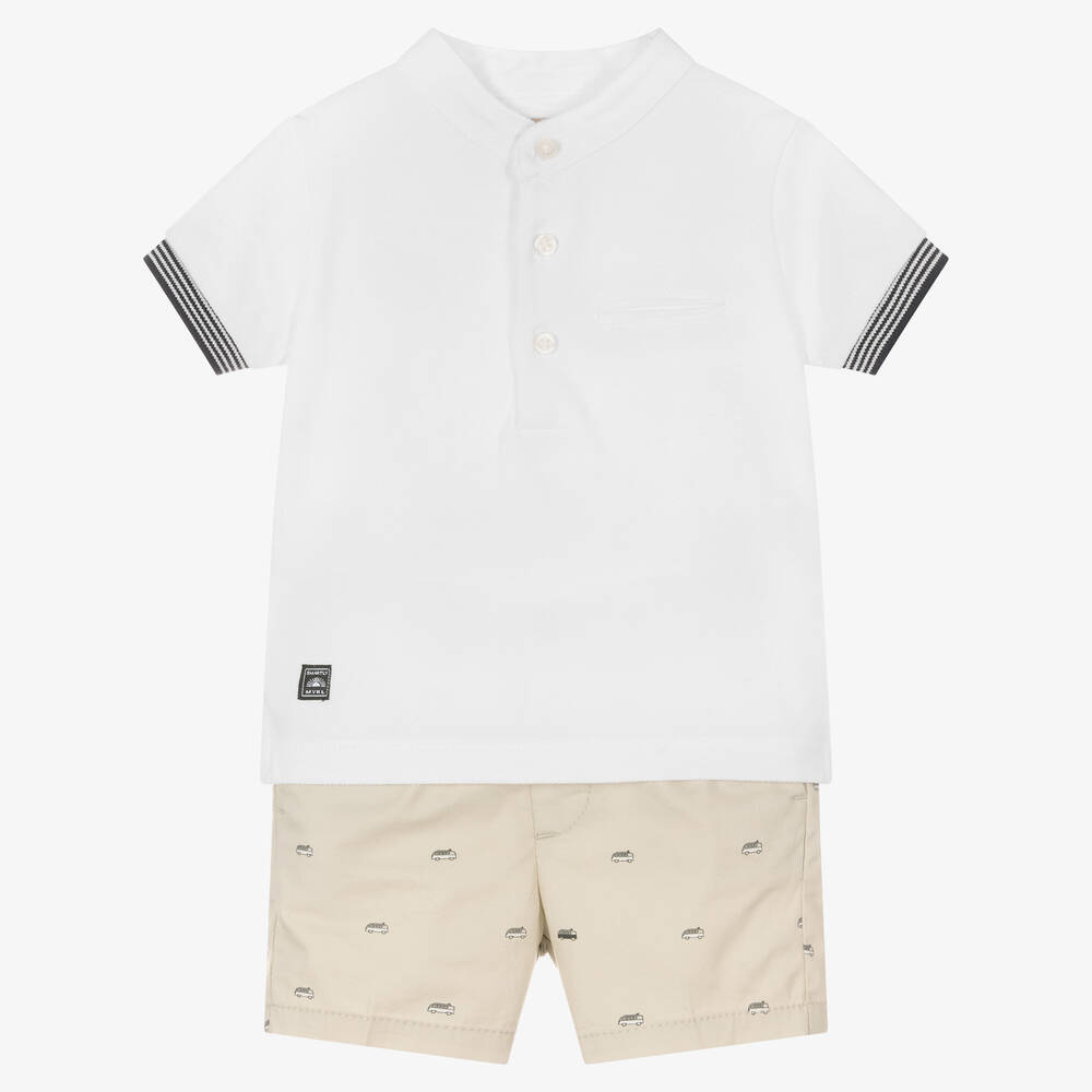 Mayoral - Boys Beige & White Cotton Shorts Set  | Childrensalon