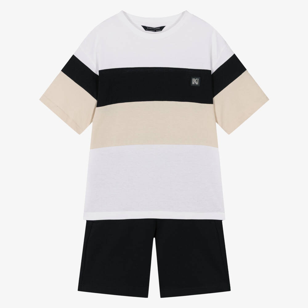 Mayoral Nukutavake-Boys Black Beige and White Shorts Set | Childrensalon Outlet