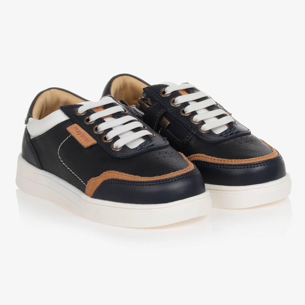 Mayoral - Boys Blue & Beige Leather Zip-Up Trainers | Childrensalon