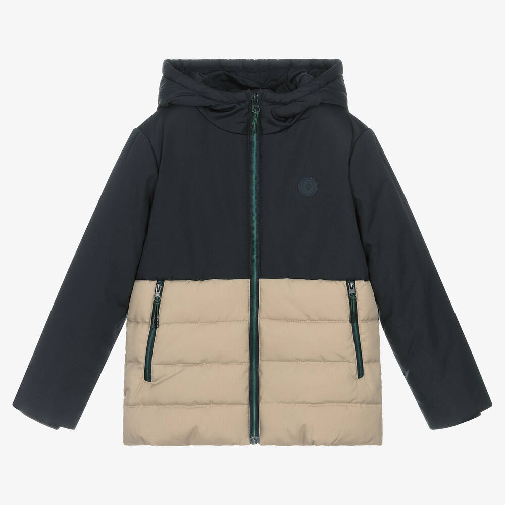 Mayoral Nukutavake - Boys Blue & Beige Padded Hooded Jacket | Childrensalon