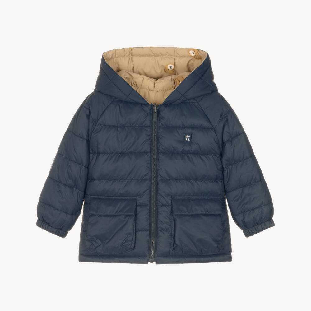 Mayoral-Boys Blue & Beige Reversible Hooded Jacket with Teddy Bears | Childrensalon Outlet
