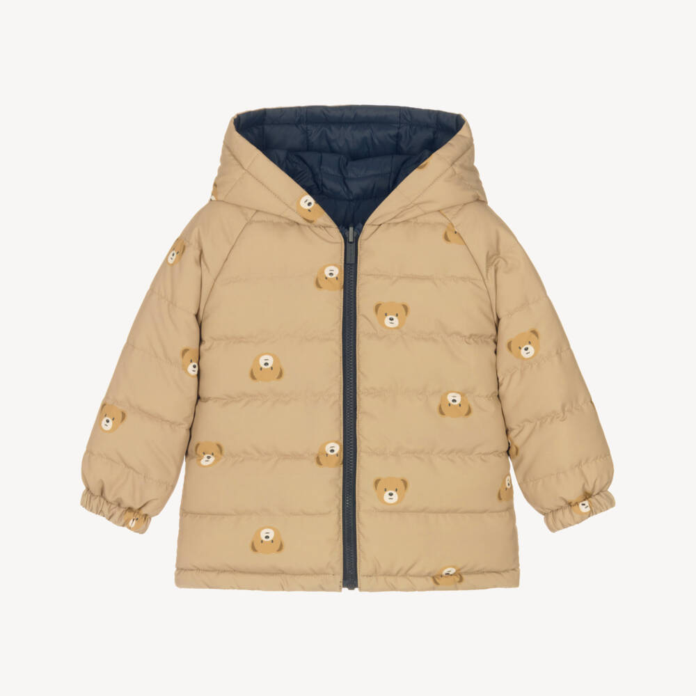 Mayoral-Boys Blue & Beige Reversible Hooded Jacket with Teddy Bears | Childrensalon Outlet