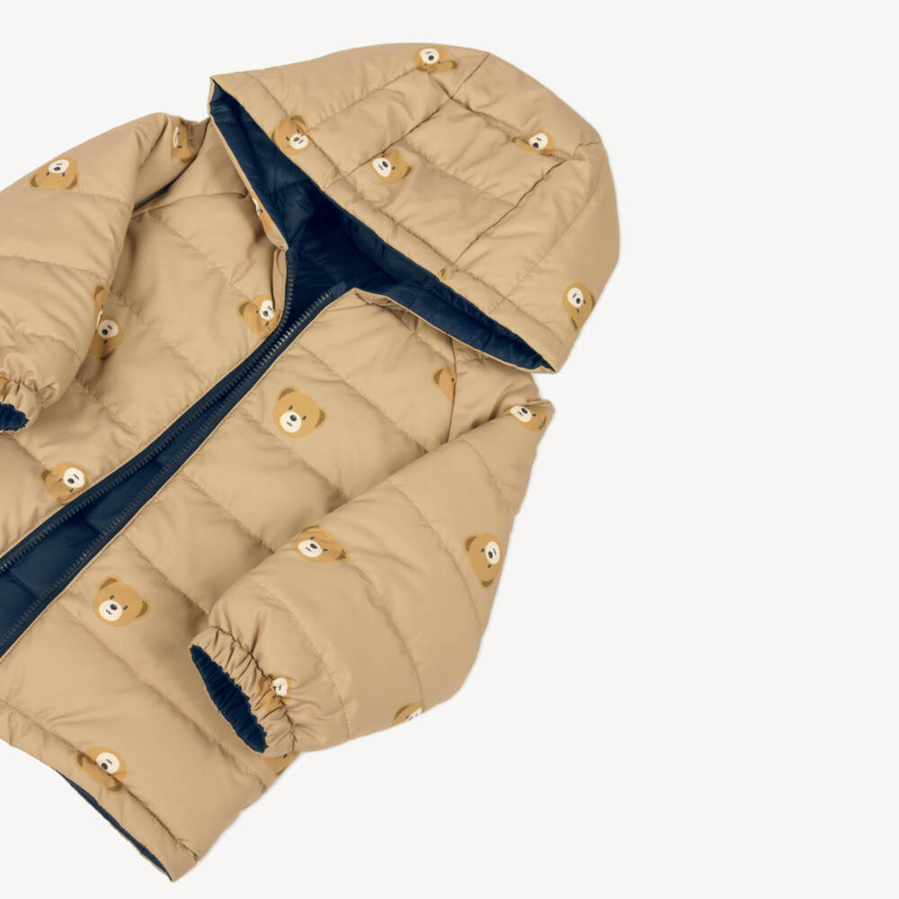 Mayoral-Boys Blue & Beige Reversible Hooded Jacket with Teddy Bears | Childrensalon Outlet