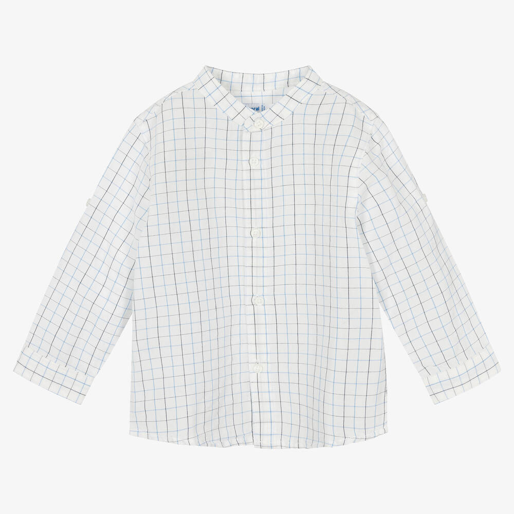 Mayoral - Boys Blue Check Cotton & Linen Shirt | Childrensalon