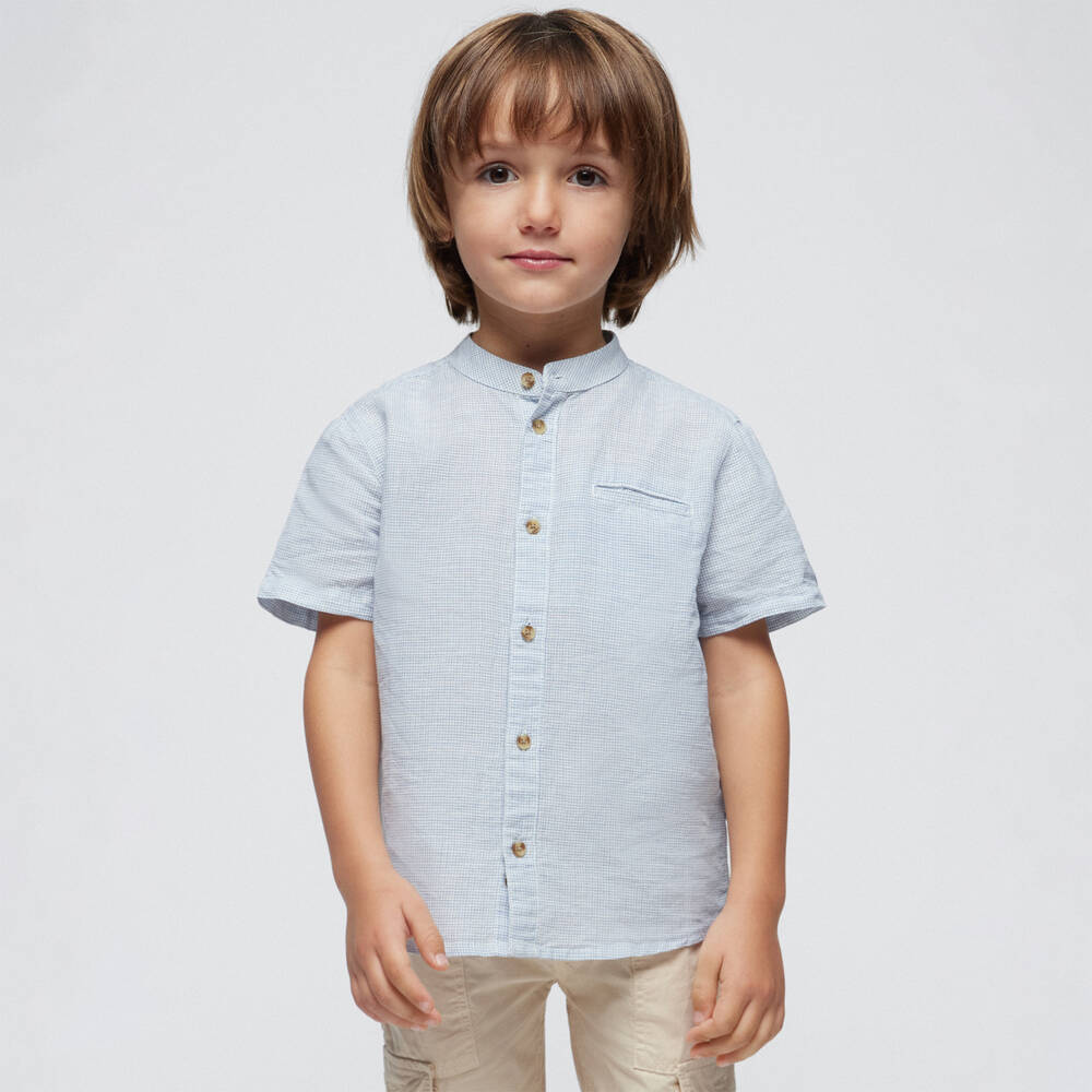 Mayoral-قميص قطن وكتان كاروهات لون أزرق وأبيض للأولاد | Childrensalon Outlet