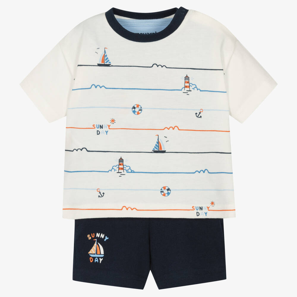 Mayoral-طقم شورت قطن مستدام لون كحلي وعاجي - 3 قطع | Childrensalon Outlet