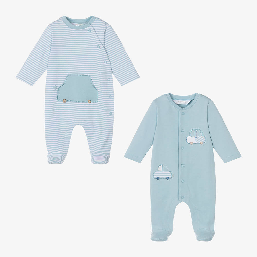 Mayoral Newborn-Boys Blue Cotton Car Babygrows (2 Pack) | Childrensalon Outlet