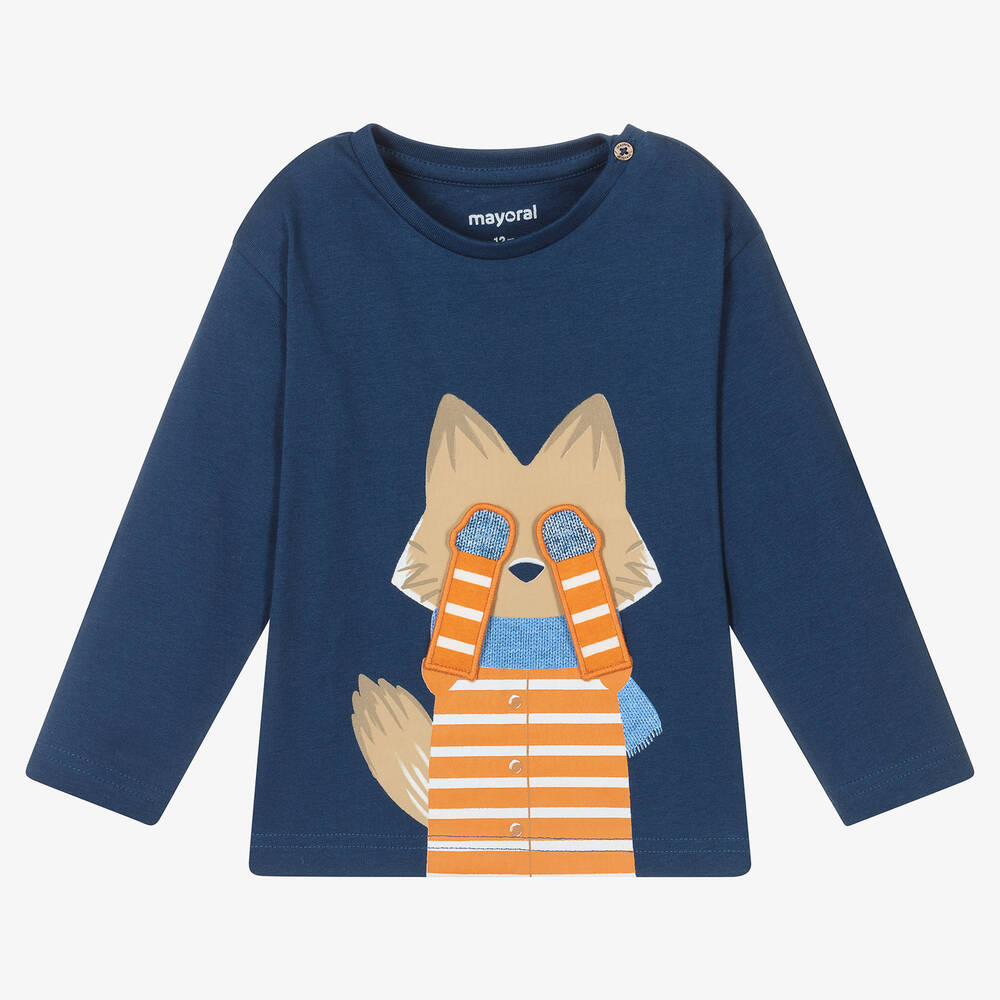 Mayoral - Boys Blue Cotton Fox Print Top | Childrensalon