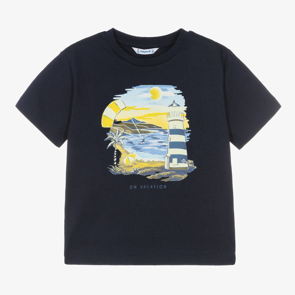 Mayoral - Boys Blue Cotton Lighthouse T-Shirt | Childrensalon