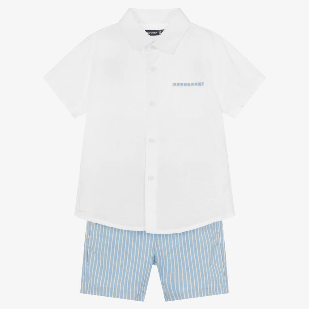 Mayoral - Белая рубашка и голубые шорты из хлопка и льна  | Childrensalon