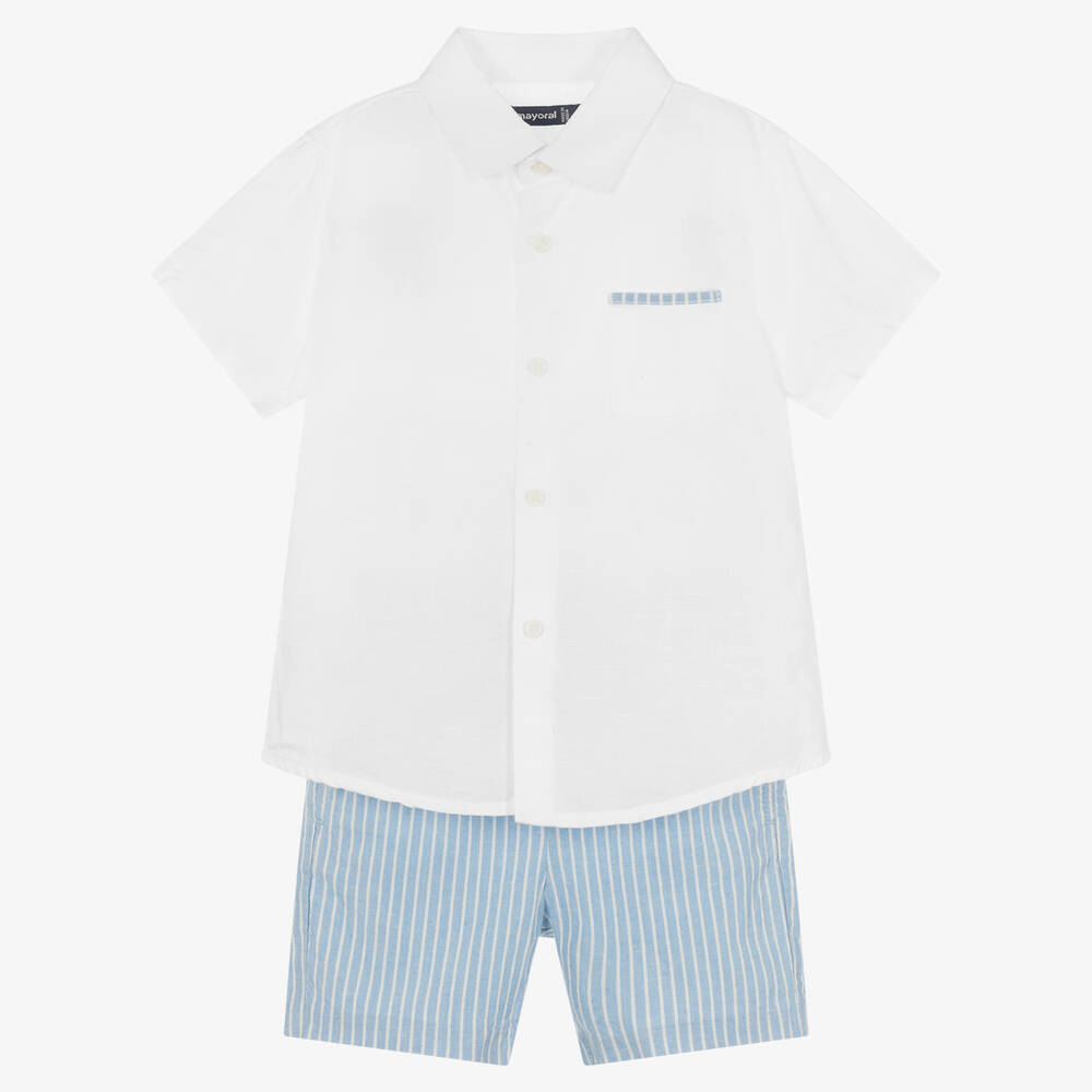 Mayoral - Blaues Baumwoll-Leinenshorts-Set  | Childrensalon