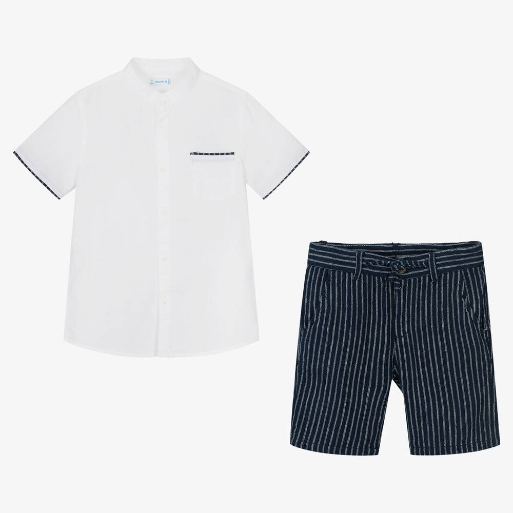 Mayoral-Boys Blue Cotton & Linen Shorts Set | Childrensalon Outlet