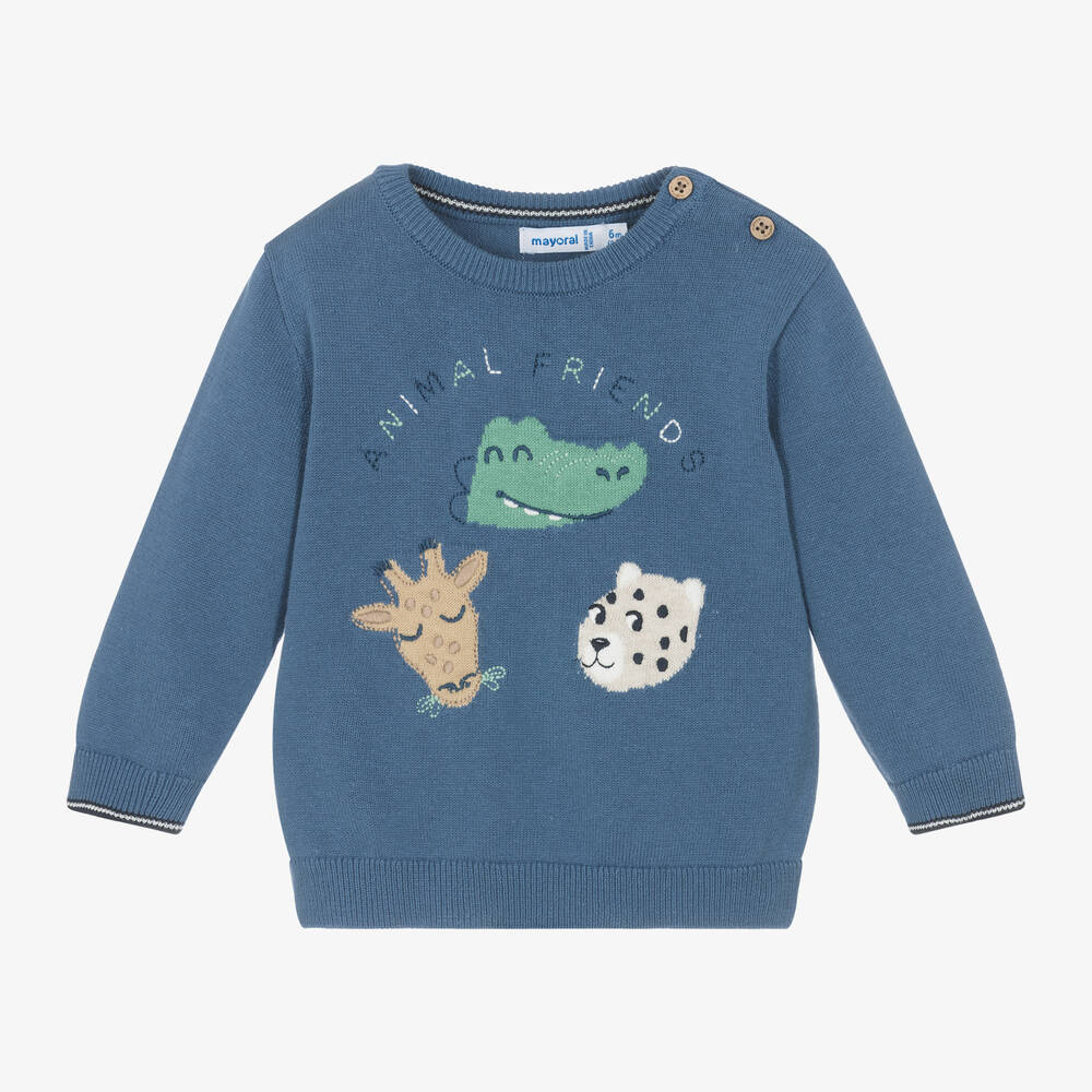 Mayoral-Boys Blue Cotton Wild Animal Sweater | Childrensalon Outlet