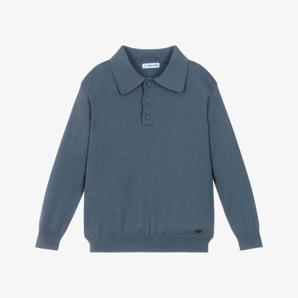 Mayoral-Boys Blue Cotton & Wool Knitted Polo Shirt | Childrensalon Outlet