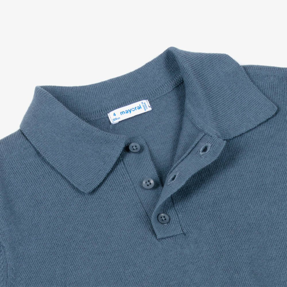 Mayoral-Boys Blue Cotton & Wool Knitted Polo Shirt | Childrensalon Outlet