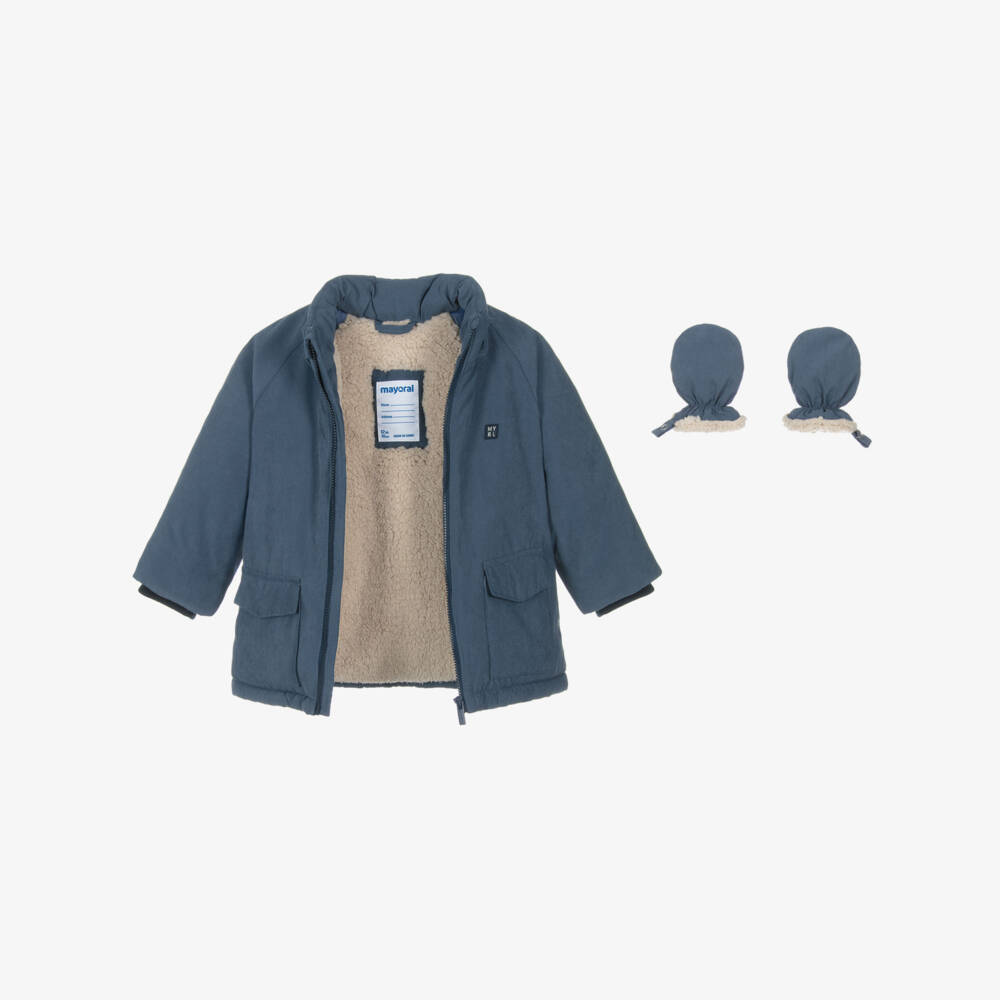 Mayoral-Boys Blue Fleece-Lined Hooded Coat with Mittens | Childrensalon Outlet