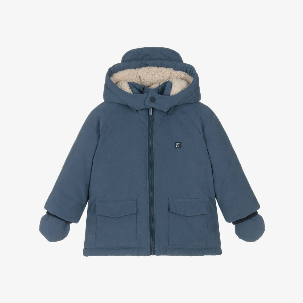 Mayoral-Boys Blue Fleece-Lined Hooded Coat with Mittens | Childrensalon Outlet