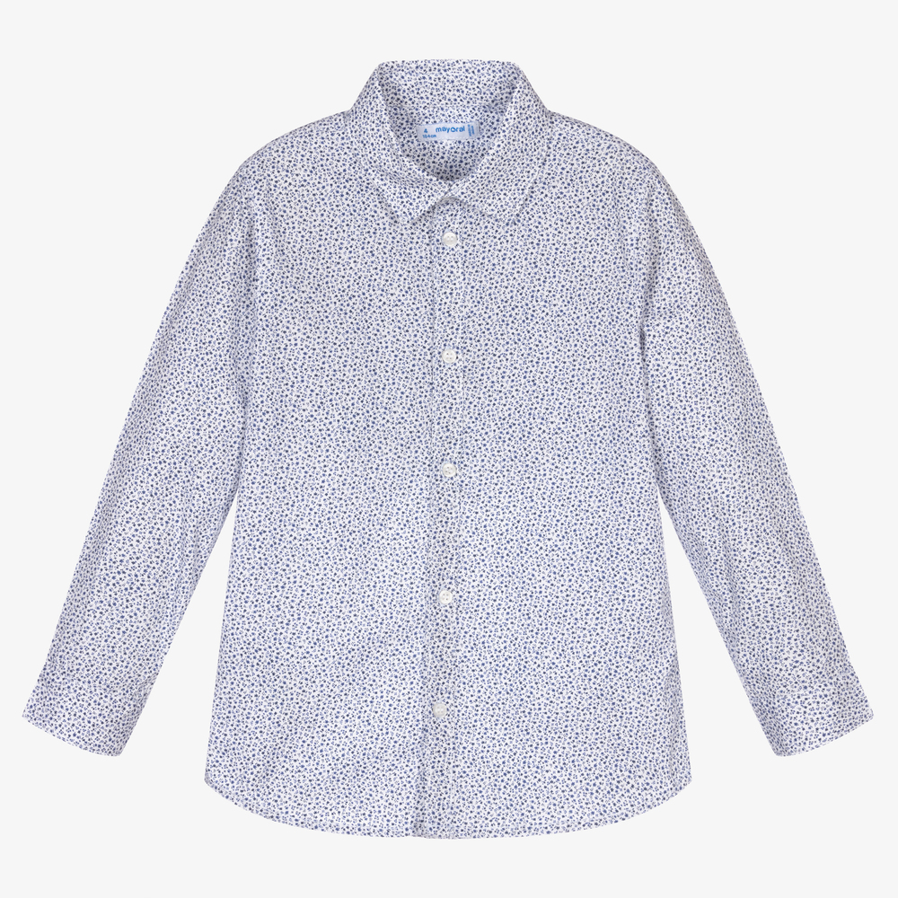 Mayoral - Голубая хлопковая рубашка в цветочек для мальчиков | Childrensalon