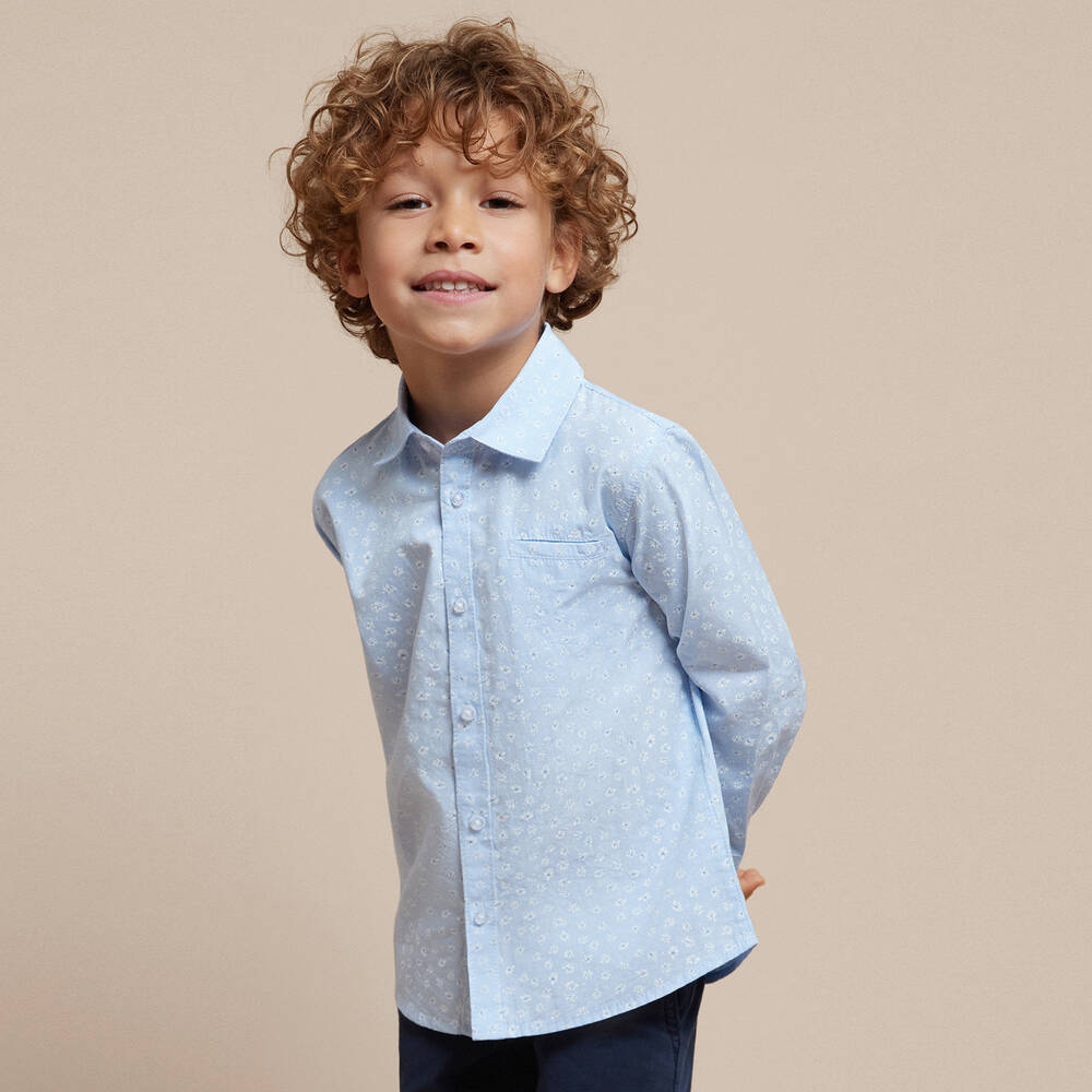 Mayoral-قميص قطن بوبلين لون أزرق بطبعة ورود للأولاد | Childrensalon Outlet