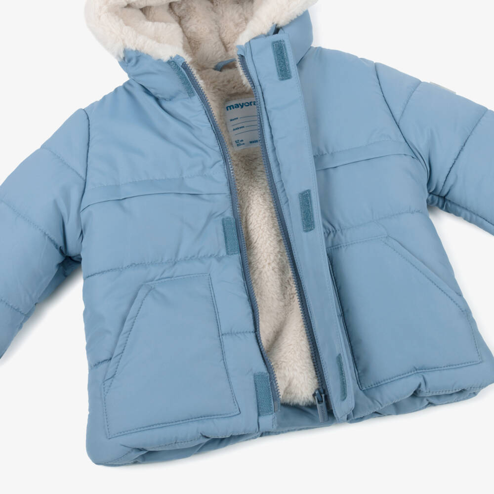 Mayoral-Boys Blue Hooded Puffer Coat with Faux Fur 3D Ears | Childrensalon Outlet
