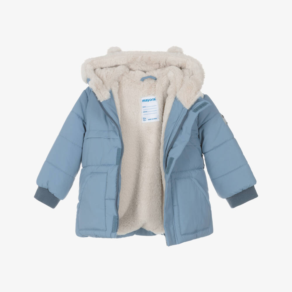 Mayoral-Boys Blue Hooded Puffer Coat with Faux Fur 3D Ears | Childrensalon Outlet