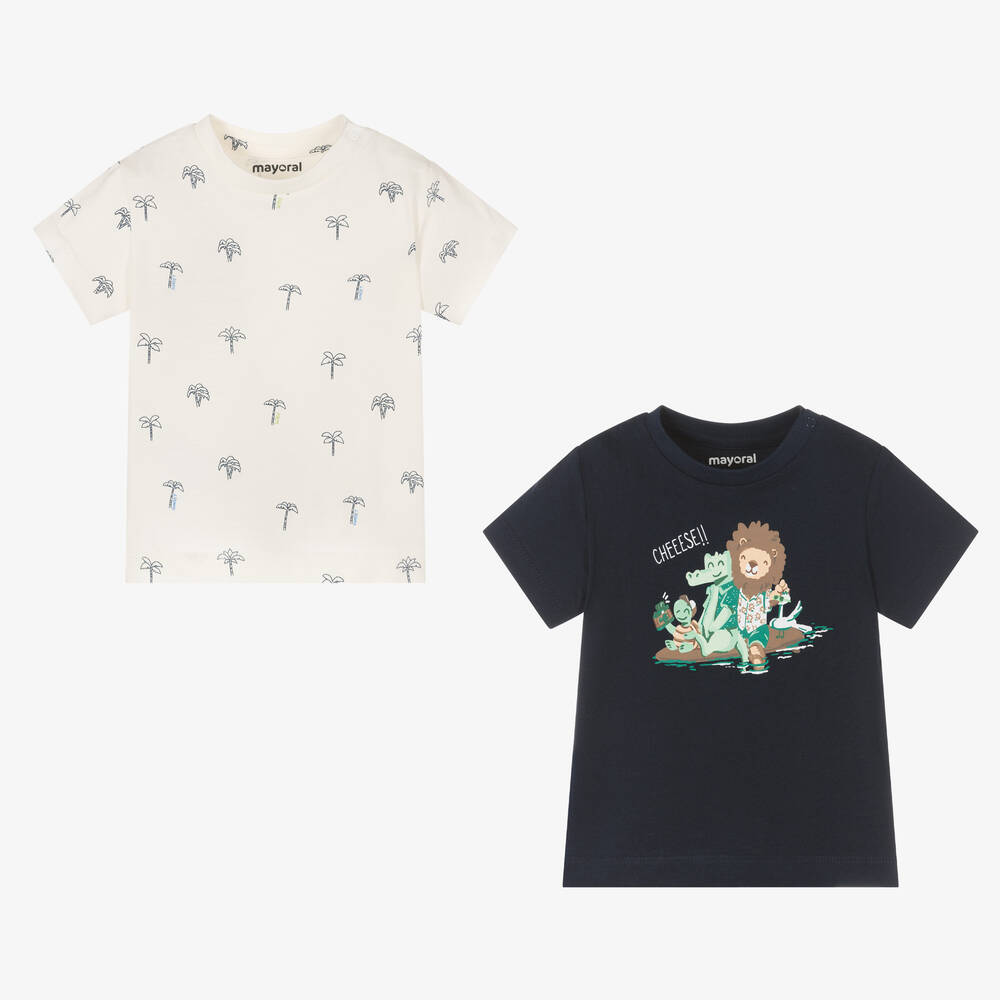 Mayoral - Boys Blue & Ivory Cotton T-Shirts (2 Pack) | Childrensalon