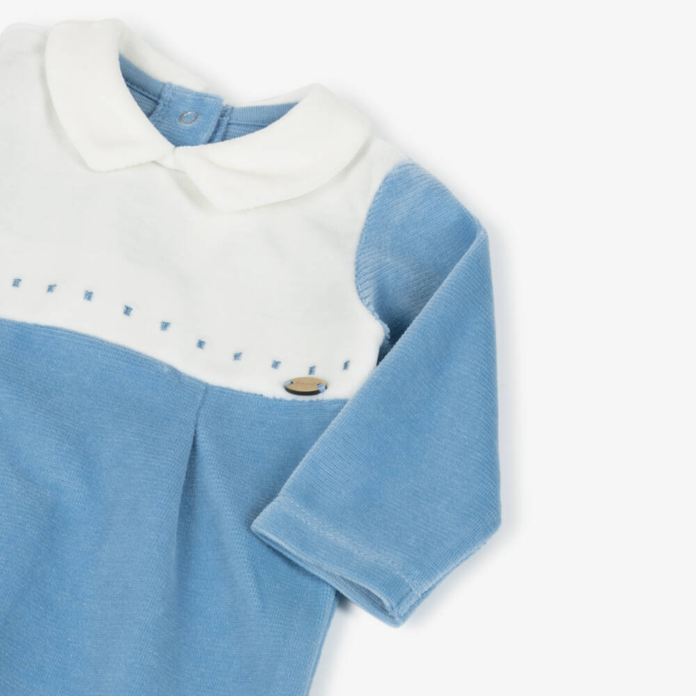 Mayoral Newborn-Boys Blue & Ivory Ribbed Velour Babygrow | Childrensalon Outlet