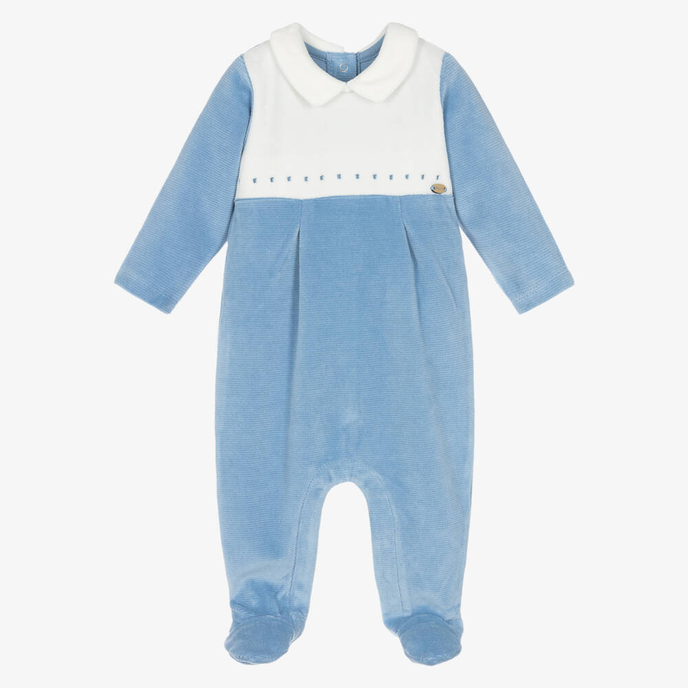 Mayoral Newborn-Boys Blue & Ivory Ribbed Velour Babygrow | Childrensalon Outlet