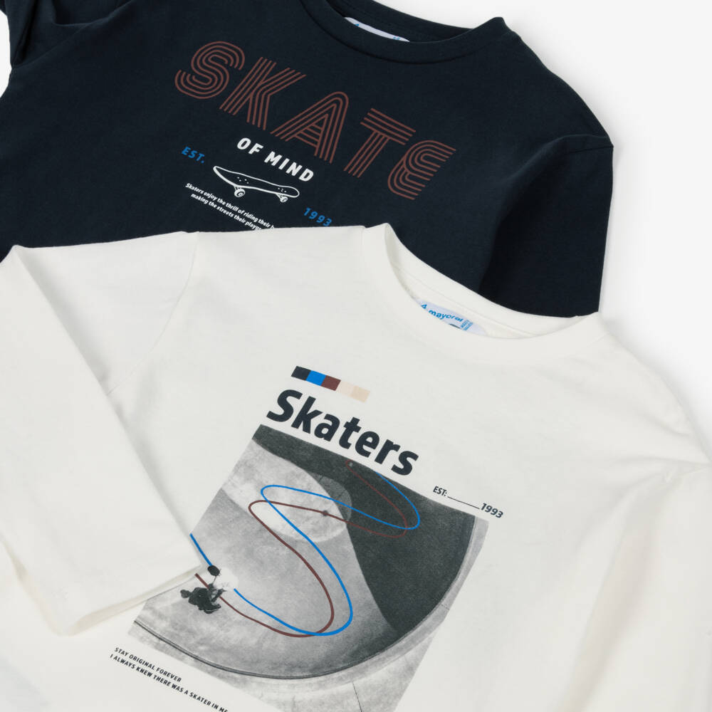 Mayoral-Комплект из двух синих и кремовых футболок для мальчиков с принтом скейтборда | Childrensalon Outlet