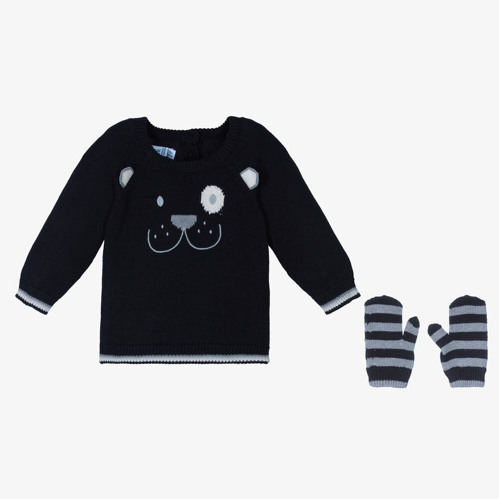 Mayoral - Синий вязаный свитер с медвежонком и варежки | Childrensalon