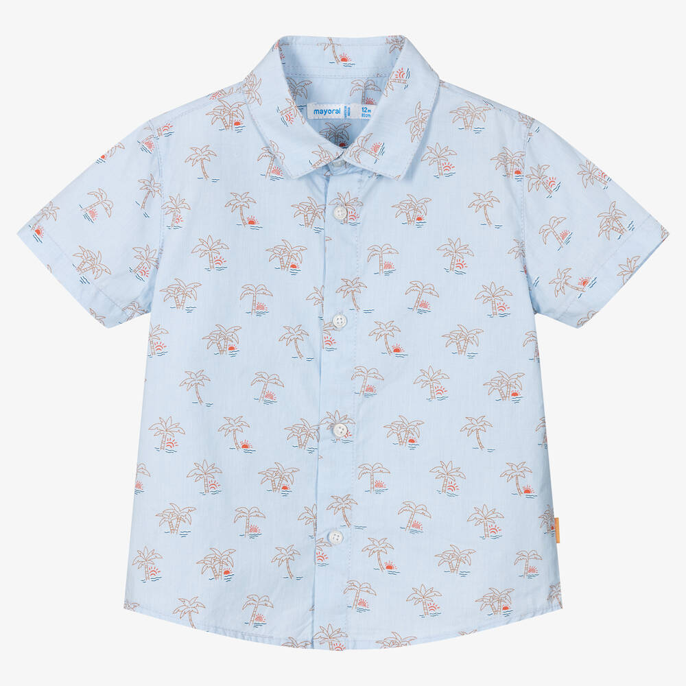 Mayoral - Голубая хлопковая рубашка с пальмами | Childrensalon