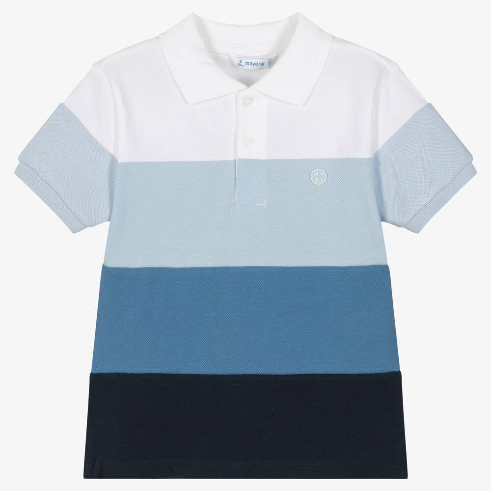 Mayoral - Boys Blue Stripe Cotton Polo Shirt | Childrensalon
