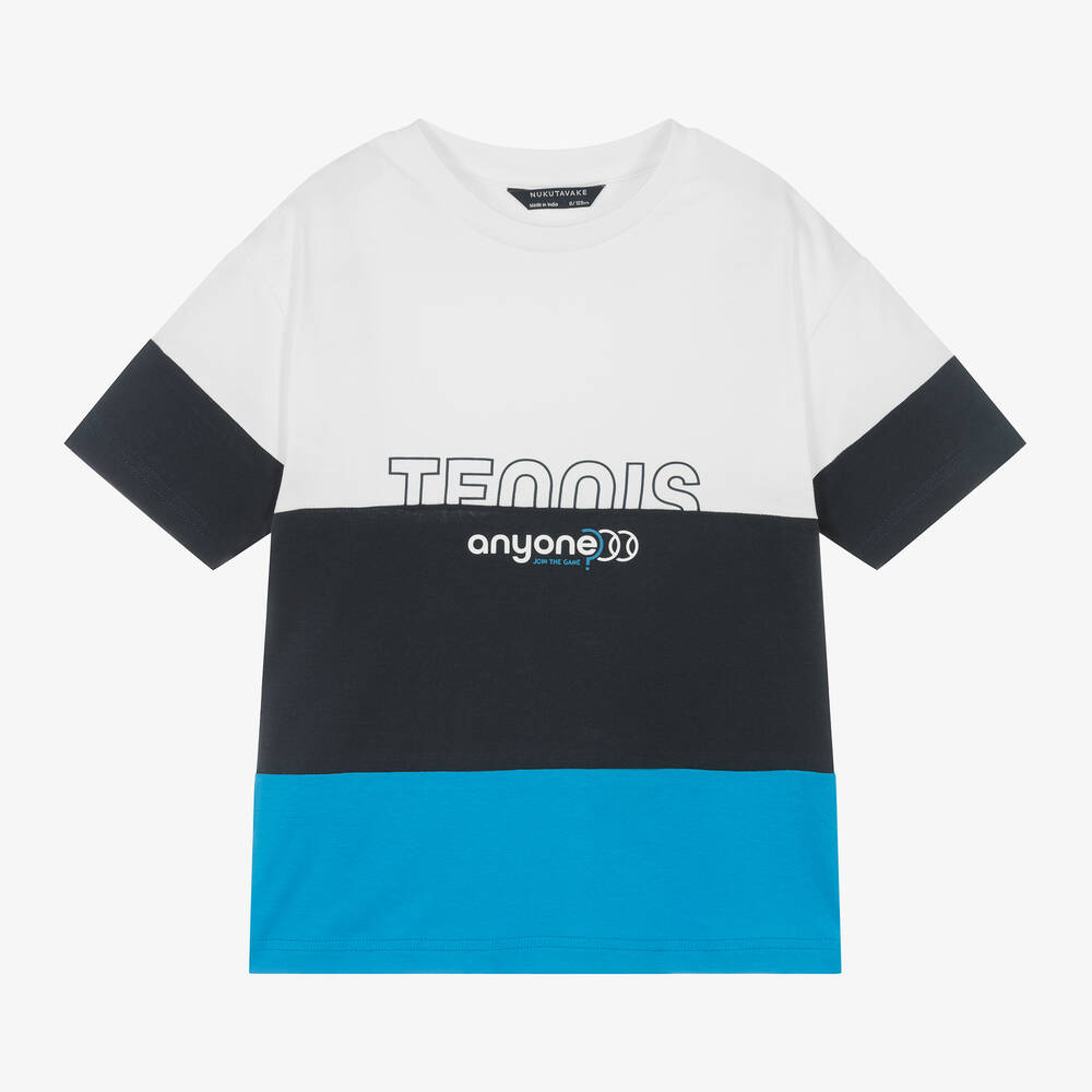 Mayoral Nukutavake-Boys Blue Stripe Cotton T-Shirt | Childrensalon Outlet