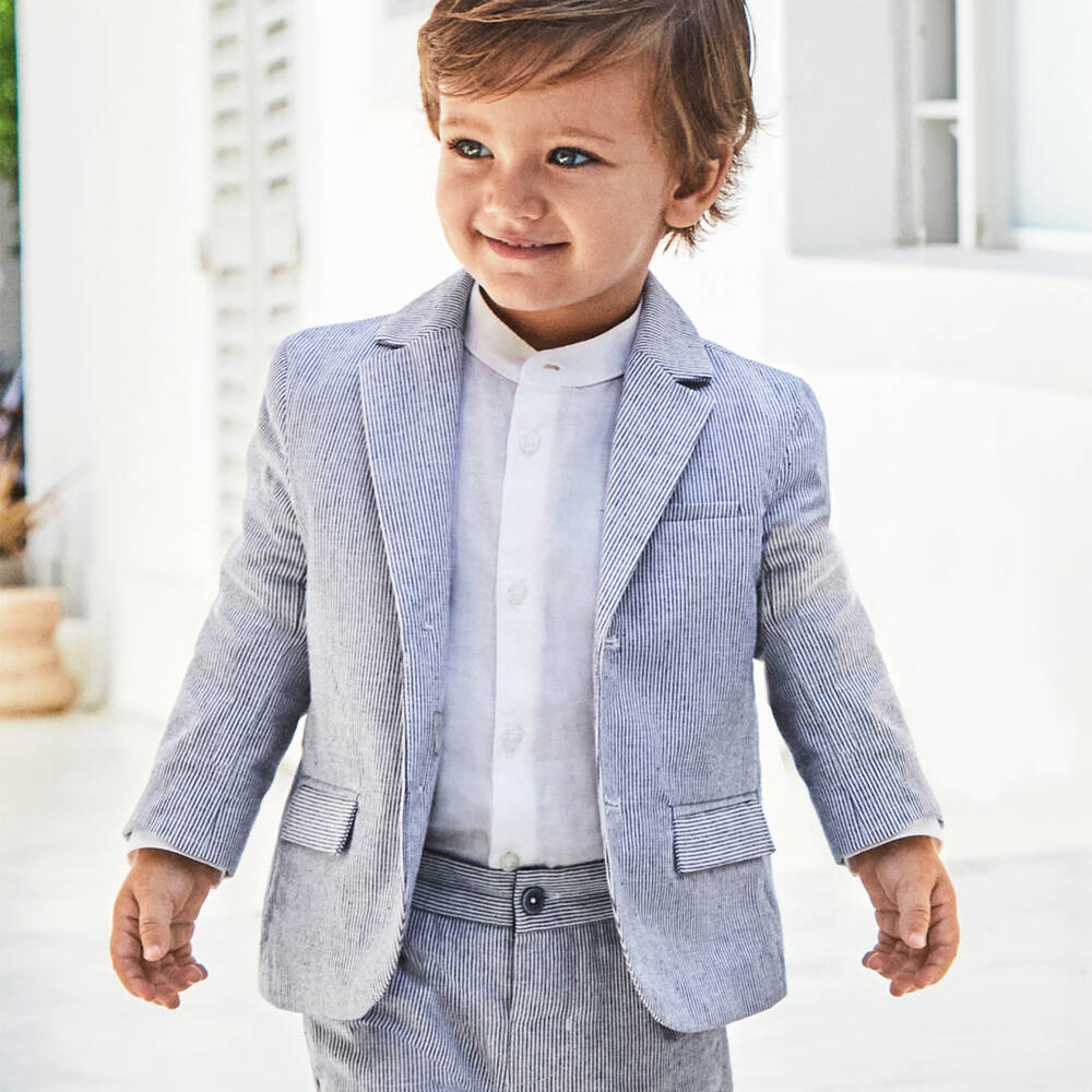 Mayoral-Boys Blue Striped Cotton & Linen Shorts | Childrensalon Outlet