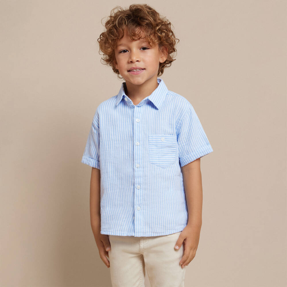 مايورال-قميص قطن مقلم لون أزرق وأبيض للأولاد | Childrensalon Outlet