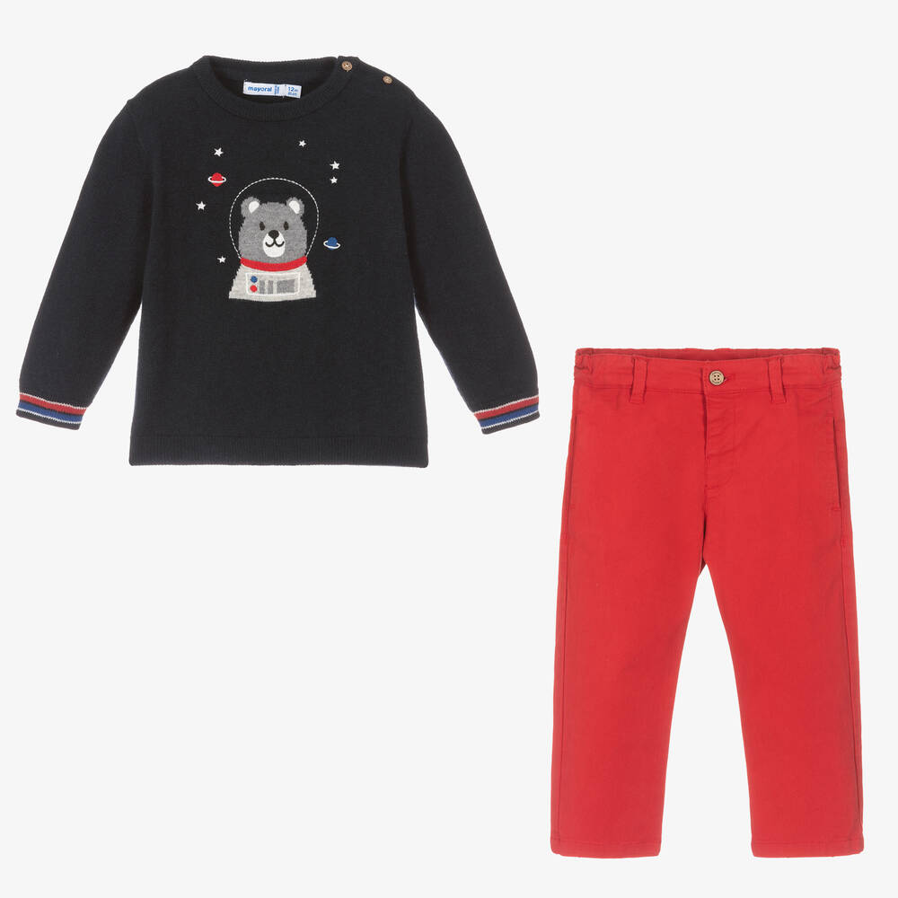 Mayoral-طقم بنطلون مزيج قطن وصوف لون كحلي وأحمر | Childrensalon Outlet