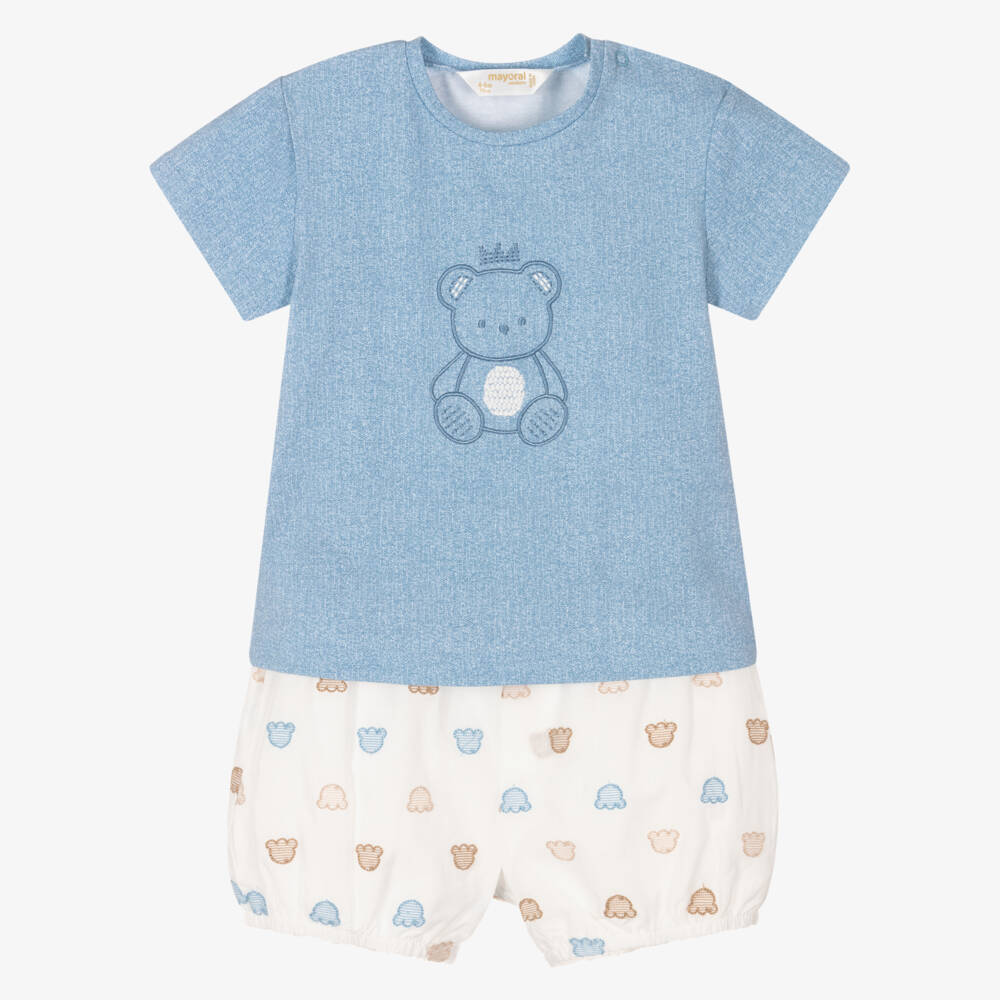 Mayoral Newborn-Boys Blue Teddy Bear Shorts Ensemble | Childrensalon Outlet
