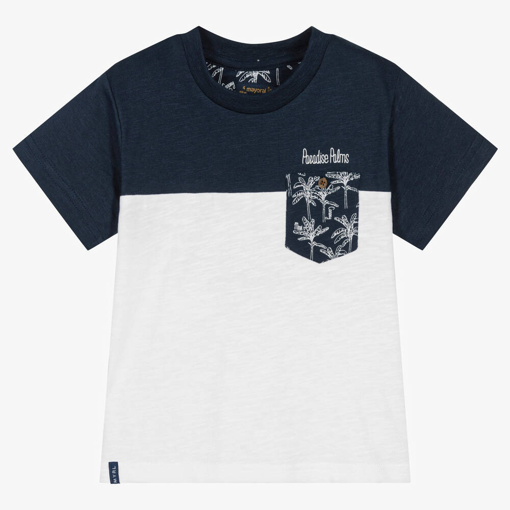 Mayoral - Бело-синяя хлопковая футболка с пальмами | Childrensalon